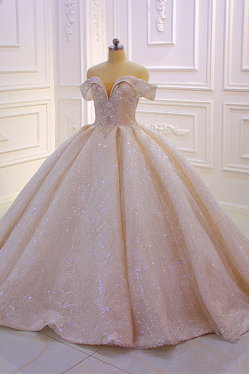 Off-The-Shoulder Satin Wedding Dress in Pink with Modest Ball Gown Ruffles and Sequins Beading