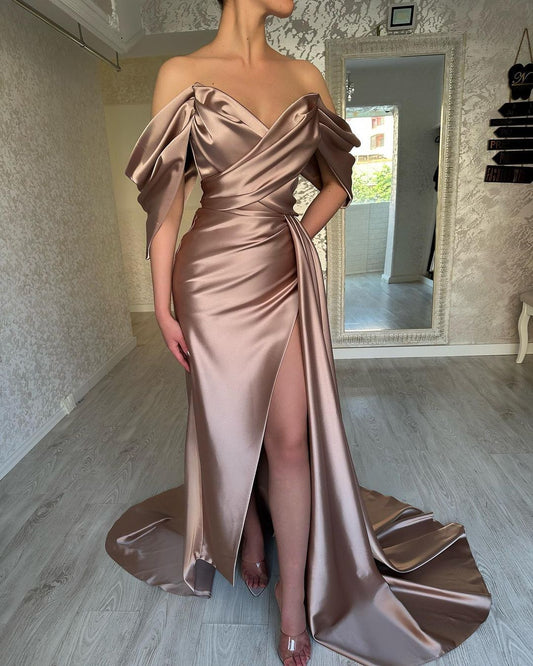 Dusty Pink Off the Shoulder Prom Dress V Neck Split Pleated