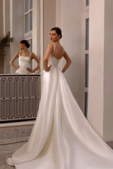 Elegant White Satin Long Wedding Dress with Beadings and Spaghetti Straps