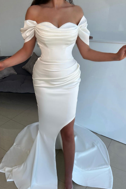 New Arrival White Off-The-Shoulder Sweetheart Mermaid Prom Dress Detachable Skirt With Split