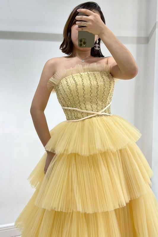 Daffodil Strapless Sleeveless Tulle Prom Dress with layered