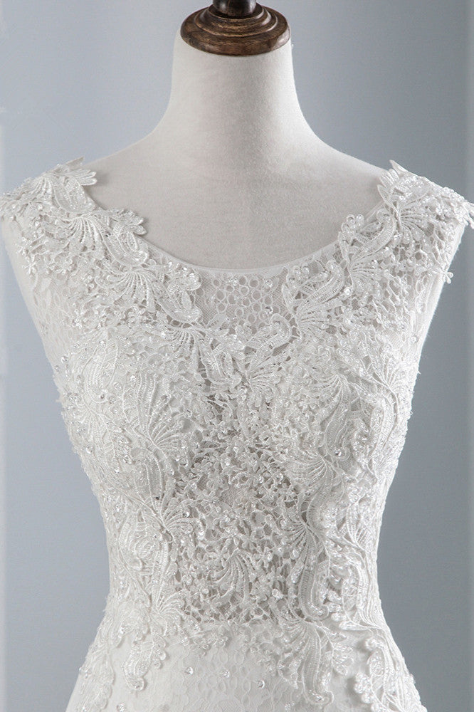 Elegant Sleeveless Long Mermaid Jewel Wedding Dress in Luxury Tulle with Appliques Lace