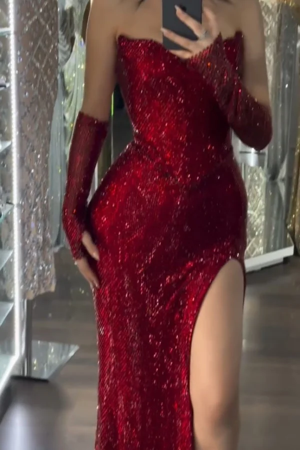 Burgundy Sleeveless Strapless Sequins Mermaid Prom Dress With Gloves