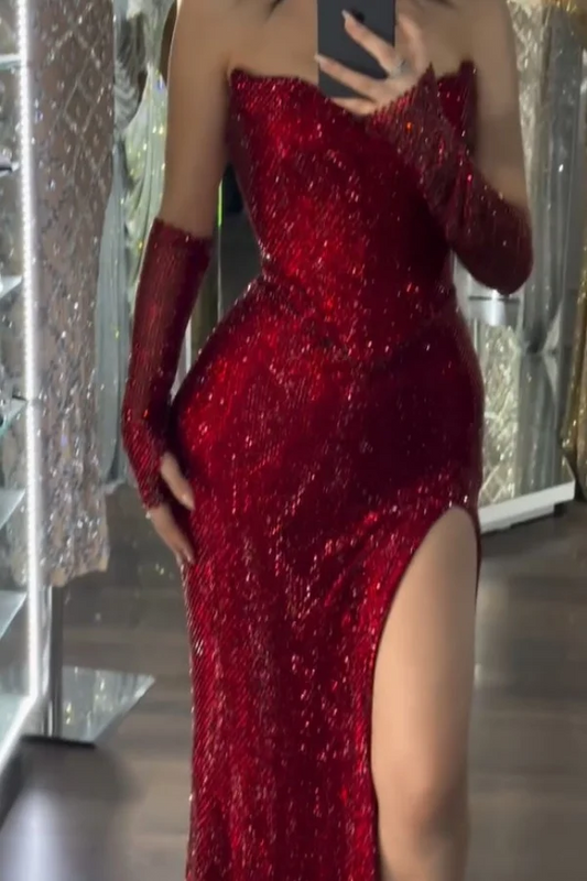 Burgundy Sleeveless Strapless Sequins Mermaid Prom Dress With Gloves