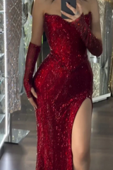 Burgundy Sleeveless Strapless Sequins Mermaid Prom Dress With Gloves