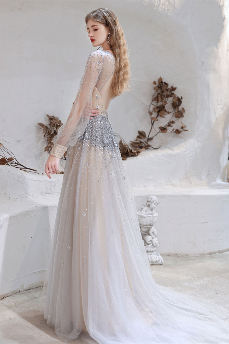 Gorgeous Long Sleeves Fairy Tulle Prom Dress Long With Beads V-Neck