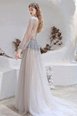 Gorgeous Long Sleeves Fairy Tulle Prom Dress Long With Beads V-Neck