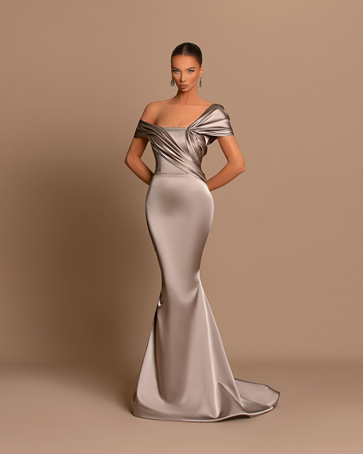 Grey Evening Dress Off-the-Shoulder Bateau Pleated Gown