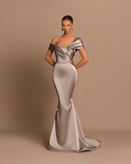 Grey Evening Dress Off-the-Shoulder Bateau Pleated Gown