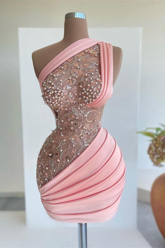 Gorgeous Pink One Shoulder Short Prom Dresses With Pearls Beaded