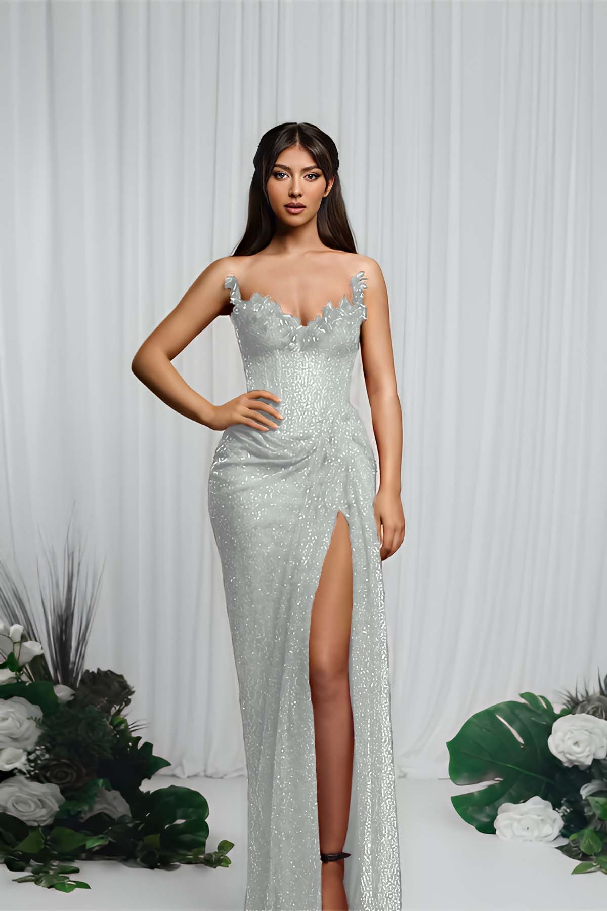 Gorgeous Red V-Neck Sequin Mermaid Prom Dress Sleeveless High Split