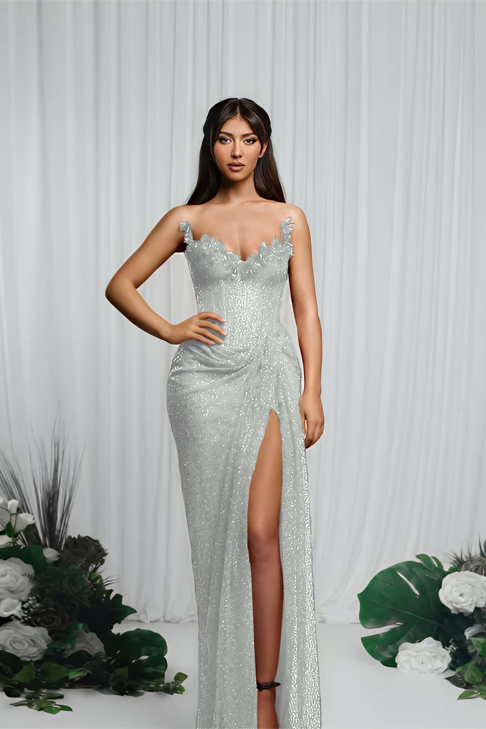 Gorgeous Red V-Neck Sequin Mermaid Prom Dress Sleeveless High Split