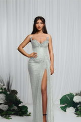 Gorgeous Red V-Neck Sequin Mermaid Prom Dress Sleeveless High Split