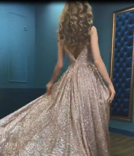 Amazing Spaghetti-Straps V-Neck Sequins Prom Dress Long