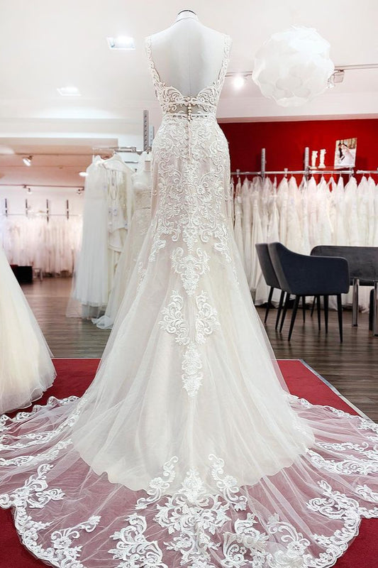 Backless Sleeveless Long Mermaid Wedding Dress in Modern Tulle With Lace