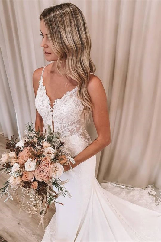 V-Neck Mermaid Wedding Dress with Spaghetti Straps and Lace Appliques, Backless Design