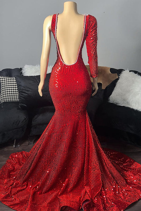 Modern Red Sequins Prom Dresses Mermaid Long Sleeve One Shoulder With Beads
