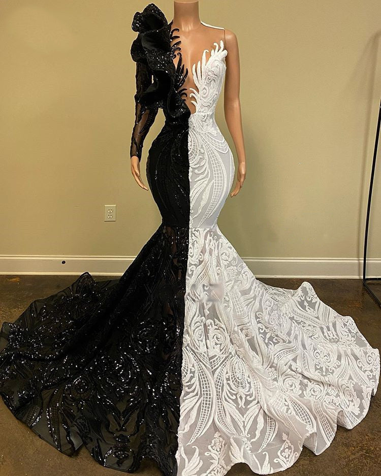 Stunning Black and White Sequins Lace Prom Dress Mermaid Long Sleeves