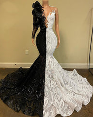 Stunning Black and White Sequins Lace Prom Dress Mermaid Long Sleeves