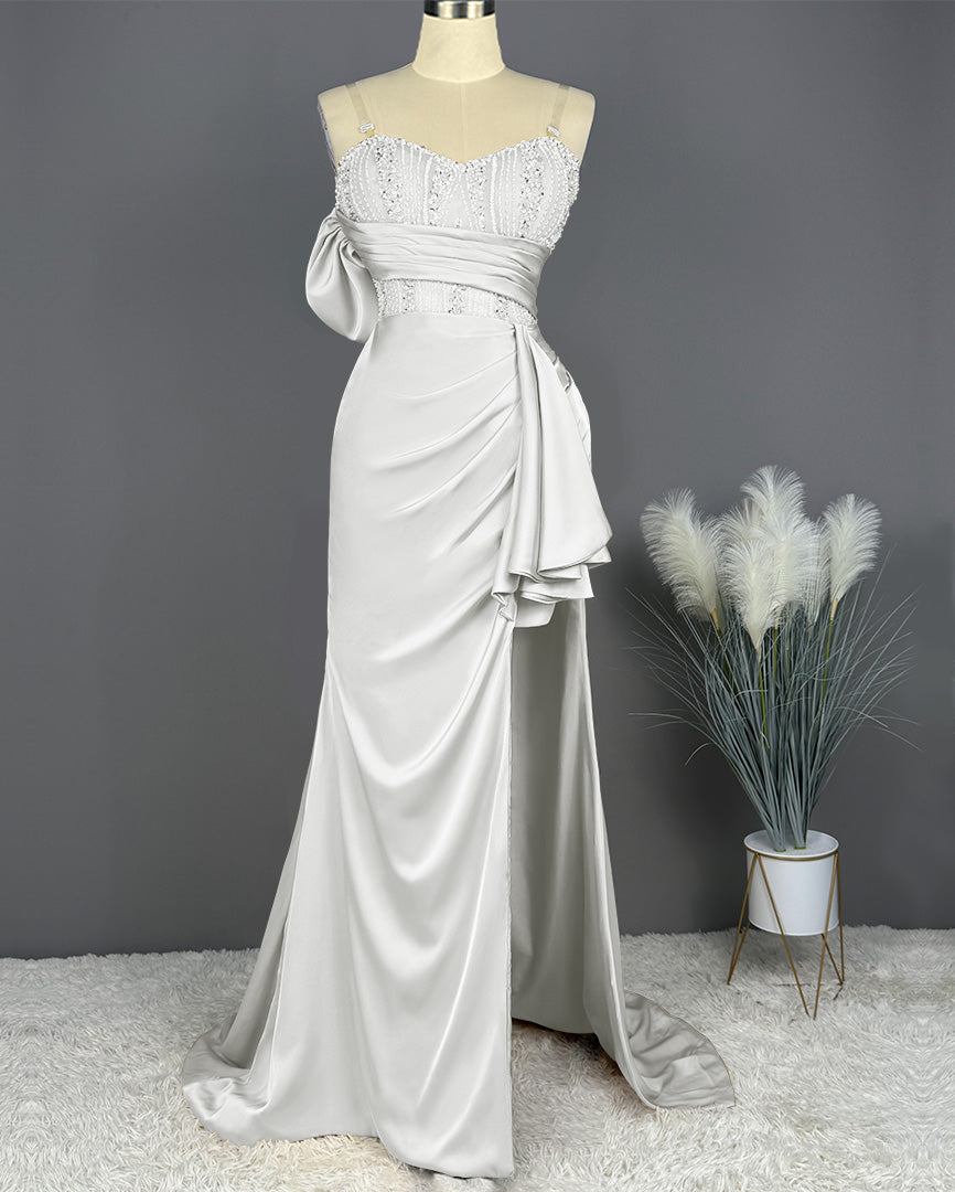 Elegant Spaghetti Straps Split Mermaid Prom Dress Long Pleated Sleeveless Evening Gown with Beading Sequins