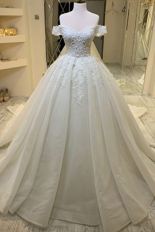 Elegant Sweetheart Neckline Off-the-Shoulder Ruffled A-Line Bridal Gown Featuring Lace Appliques