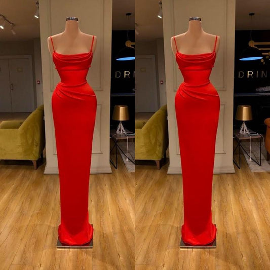 Red Spaghetti-Straps Prom Dress Long Mermaid Simple Dress