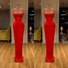Red Spaghetti-Straps Prom Dress Long Mermaid Simple Dress