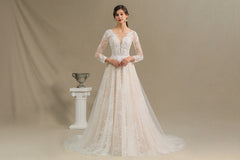 Elegant Long-Sleeve Illusion Wedding Gown in Sheer Tulle with Lace