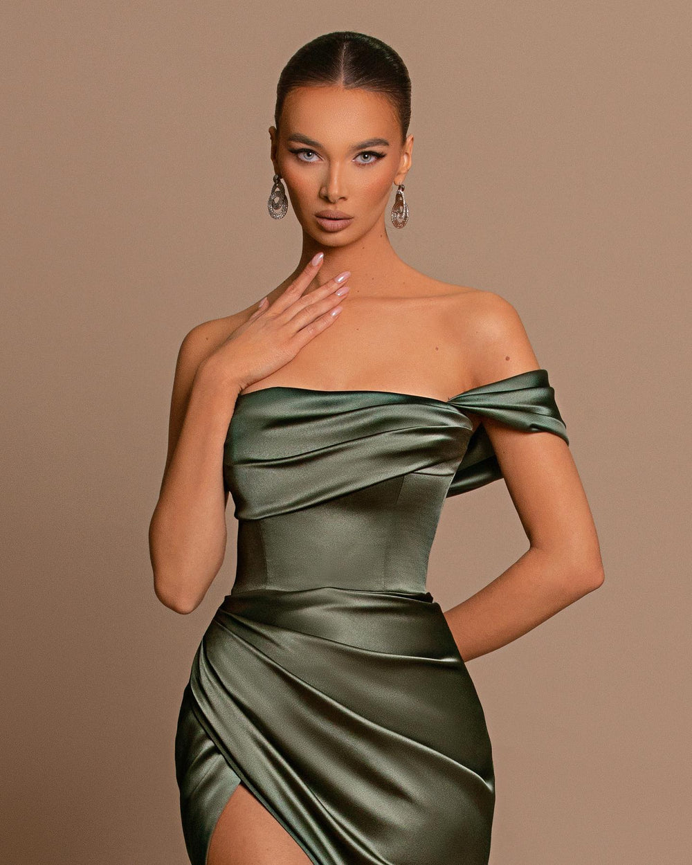 Charming Sage Green Evening Dress Off the Shoulder Sleeveless Slit Pleated