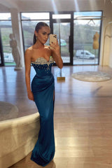 Fabulous Blue Sweetheart Sleeveless Mermaid Prom Gown With Beadings High Split