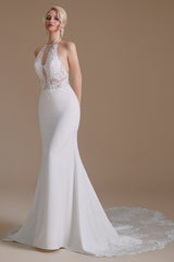 Long Satin Wedding Dress with Elegant Mermaid Halter and Backless Lace Appliques