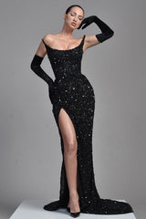 Chic Black Strapless Prom Dress Mermaid Sequins Long With  Split