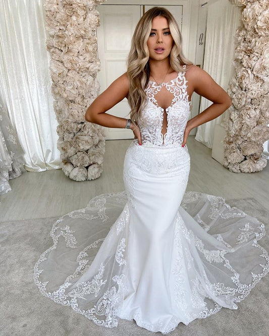 Elegant Long Mermaid Wedding Gown with Satin Backless Design and Spaghetti-Straps Lace