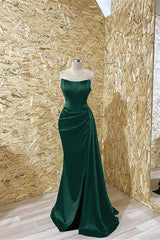 Gorgeous Dark Green Strapless Long Mermaid Prom Dress with Pleats Ruffles