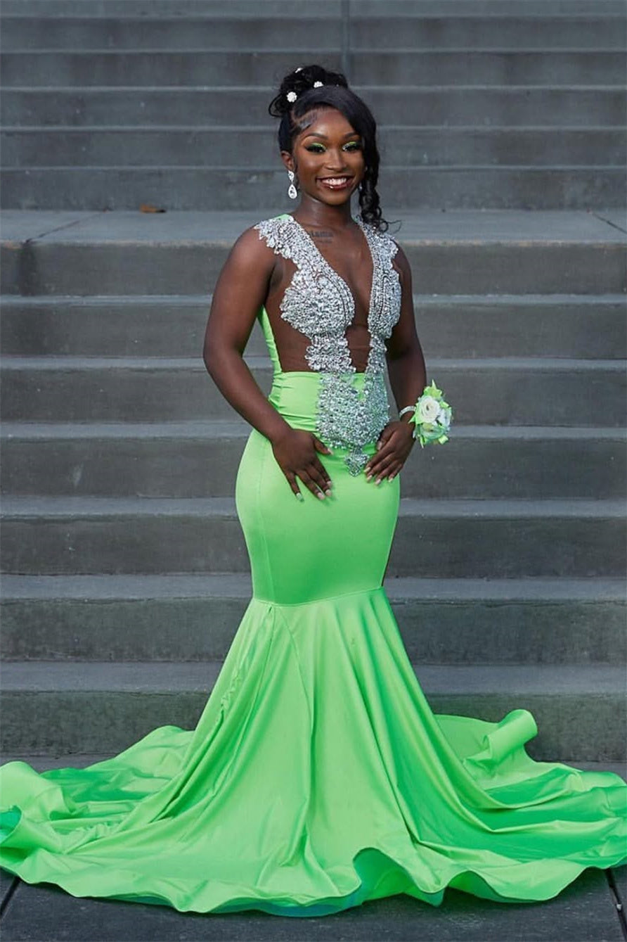 Modern Candy Green Sleeveless Prom Dress Mermaid Long With Beadings