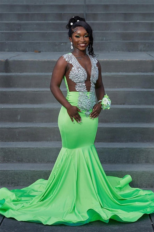 Modern Candy Green Sleeveless Prom Dress Mermaid Long With Beadings