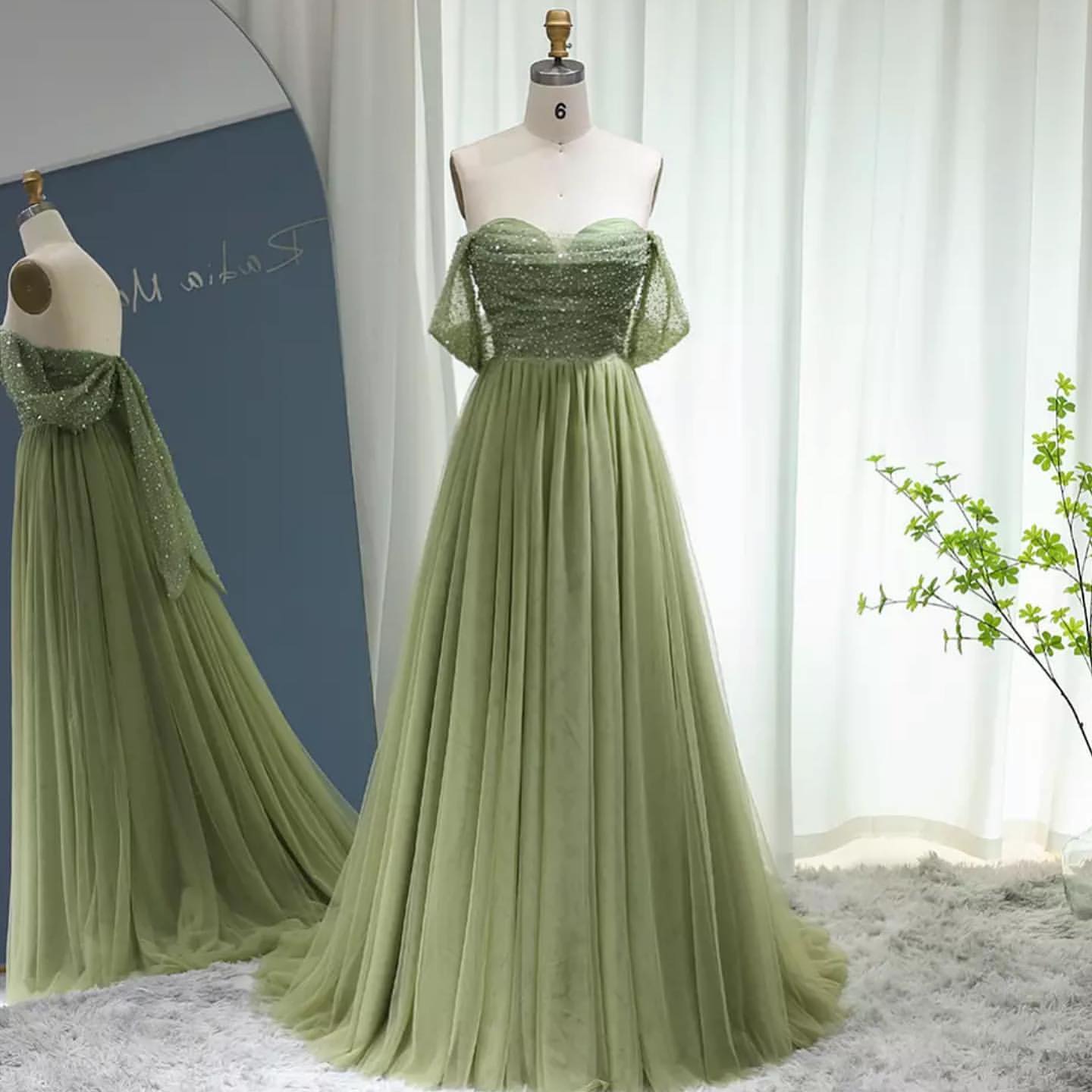 Classic Off-the-Shoulder Sage Prom Dress Sequins Long Tulle With Beads