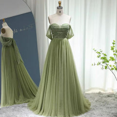 Classic Off-the-Shoulder Sage Prom Dress Sequins Long Tulle With Beads