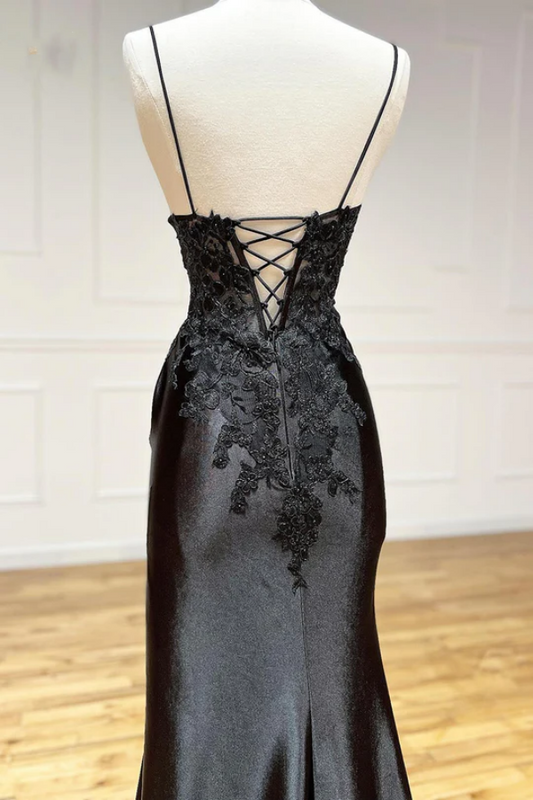 Black Lace Printed Prom Dress Long with High Slit