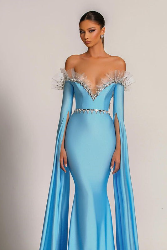 Stunning Blue Ruffle Long Sleeves Prom Dresses Mermaid Off-the-Shoulder With Beads