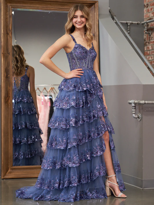 Regency Halter Neck Scoop A Line Tulle Prom Dress with Slit
