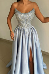 New Arrival Baby Blue Strapless Slit Prom Dress Long With Pearls Appliques