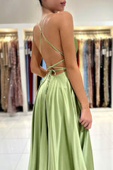 Amazing Sage Green Sleeveless Prom Dress Long Split Spaghetti-Straps