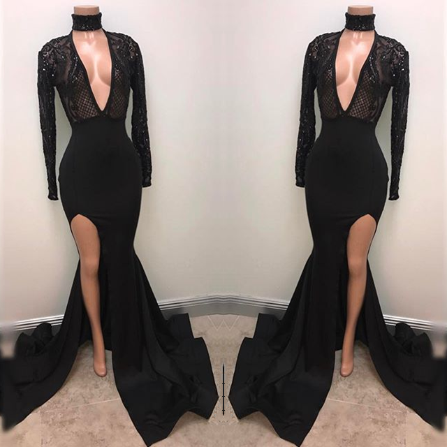 Beautiful Deep V-Neck Long Sleeves Prom Dress Mermaid Split With Sequins