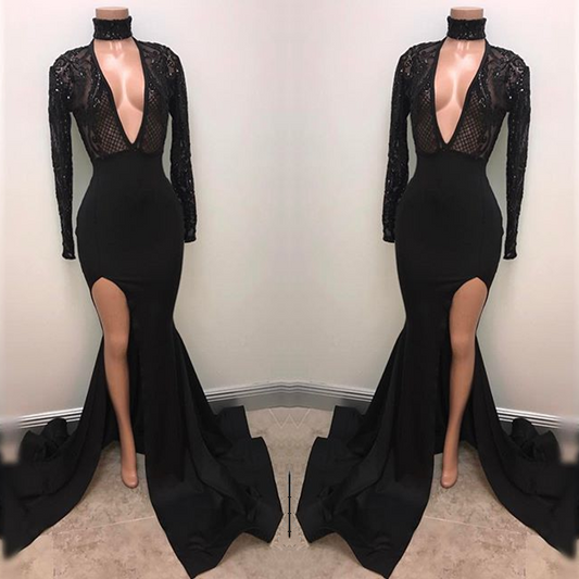 Beautiful Deep V-Neck Long Sleeves Prom Dress Mermaid Split With Sequins