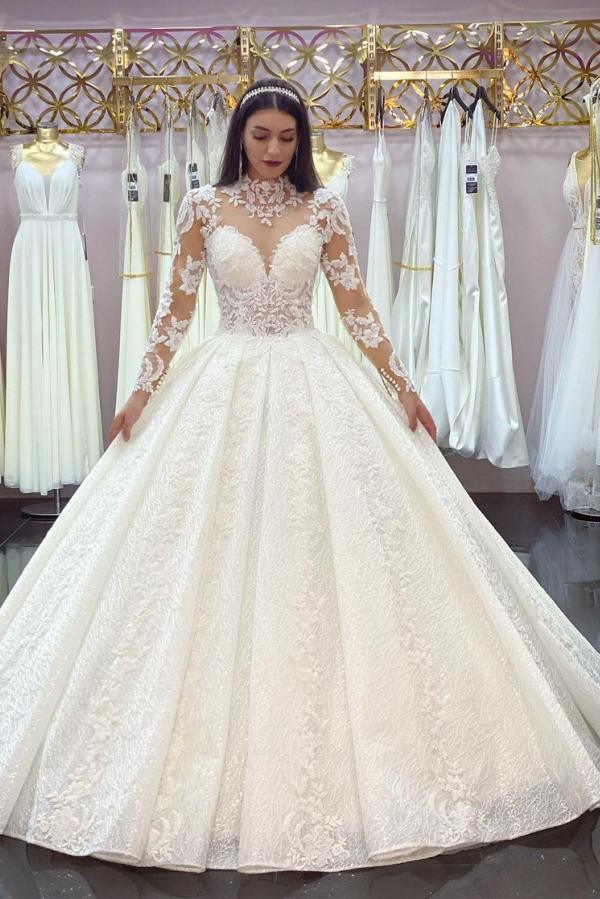 Elegant High-neck Long Sleeve Wedding Dress Featuring Lace Appliques