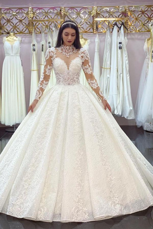 Elegant High-neck Long Sleeve Wedding Dress Featuring Lace Appliques