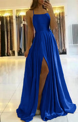  Sage Green Spaghetti-Straps Prom Dress Long Pleated with Slit