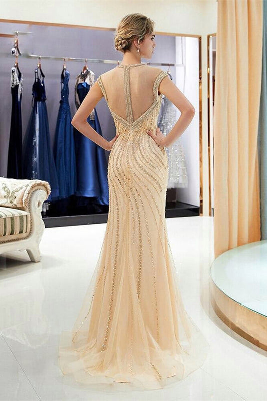 New Arrival Cap Sleeve Mermaid Prom Dress Long With Beads Crystals