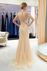 New Arrival Cap Sleeve Mermaid Prom Dress Long With Beads Crystals